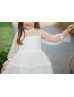 Long Sleeves White Dotted Tulle Velvet Cute Flower Girl Dress
